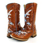 Bota Texana Country Feminina Bico Quadrado Couro Bovino Legítimo Látego Pinhão Bordado Floral Azul
