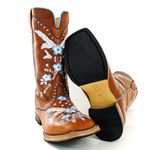 Bota Texana Country Feminina Bico Quadrado Couro Bovino Legítimo Látego Pinhão Bordado Floral Azul