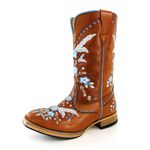 Bota Texana Country Feminina Bico Quadrado Couro Bovino Legítimo Látego Pinhão Bordado Floral Azul