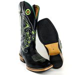 Bota Texana Masculina Couro Legítimo Látego Preto Bordado Raio Salto Carrapeta 