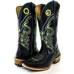 Bota Texana Masculina Couro Legítimo Látego Preto Bordado Raio Salto Carrapeta 
