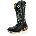 Bota Texana Masculina Couro Legítimo Látego Preto Bordado Raio Salto Carrapeta 