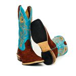 Bota Texana Masculina Salto Carrapeta Couro Legítimo Bovino Azul Turquesa e Horse Sela Invertido