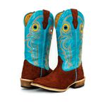 Bota Texana Masculina Salto Carrapeta Couro Legítimo Bovino Azul Turquesa e Horse Sela Invertido
