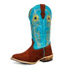 Bota Texana Masculina Salto Carrapeta Couro Legítimo Bovino Azul Turquesa e Horse Sela Invertido