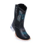 Bota Texana Country Infantil Unissex Couro Legítimo Mustang Preto Bordado Boi Azul Com Zíper Solado Branco