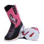 Bota Texana Country Infantil Unissex Couro Legítimo Mustang Preto e Floater Rosa Bordado Cavalo Com Zíper Solado Branco