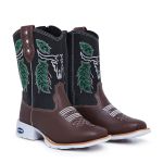 Bota Texana Country Infantil Unissex Couro Legítimo Mustang Preto e Chocolate Com Zíper Solado Branco