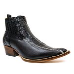 Botina EXÓTICA Country Masculina Bico Fino Couro Legítimo Exótico Jacaré Preto e Floater Preto