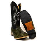 Bota Texana Masculina Bico Quadrado Couro Exótico Jacaré Verde Musgo e Crazy Horse Preto Bordado Real Copia