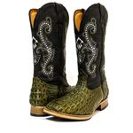 Bota Texana Masculina Bico Quadrado Couro Exótico Jacaré Verde Musgo e Crazy Horse Preto Bordado Real Copia