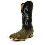 Bota Texana Masculina Bico Quadrado Couro Exótico Jacaré Verde Musgo e Crazy Horse Preto Bordado Real Copia