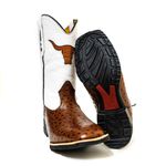 Bota Texana Masculina Cano Padrão Couro Legítimo Avestruz Whisk e Floater Branco Bordado Boi Solado Borracha