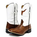 Bota Texana Masculina Cano Padrão Couro Legítimo Avestruz Whisk e Floater Branco Bordado Boi Solado Borracha