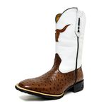 Bota Texana Masculina Cano Padrão Couro Legítimo Avestruz Whisk e Floater Branco Bordado Boi Solado Borracha