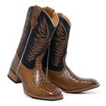 Bota Texana Masculina Bico Quadrado Couro Bovino Jacaré Envelhecido Amarelo e Mustang Preto Com Solado Reto.