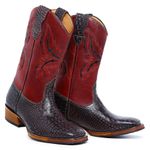 Bota Texana Masculina Bico Quadrado Couro Bovino Jacaré Envelhecido Café e Látego Vinho Com Salto Carrapeta