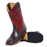 Bota Texana Masculina Bico Quadrado Couro Bovino Jacaré Envelhecido Café e Látego Vinho Com Salto Carrapeta