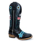 Bota Texana Masculina Bico Quadrado Couro Bovino Mustang Preto Ekip Azul Salto Carrapeta 