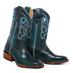 Bota Texana Masculina Bico Quadrado Couro Bovino Jacaré Envelhecido Café e Mustang Verde Salto Carrapeta