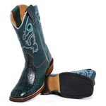 Bota Texana Masculina Bico Quadrado Couro Bovino Jacaré Envelhecido Café e Mustang Verde Salto Carrapeta