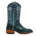 Bota Texana Masculina Bico Quadrado Couro Bovino Jacaré Envelhecido Café e Mustang Verde Salto Carrapeta