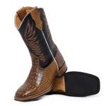 Bota Texana Masculina Bico Quadrado Couro Bovino Jacaré Envelhecido Amarelo e Mustang Preto Com Solado Reto.