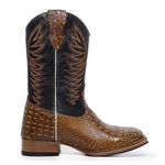 Bota Texana Masculina Bico Quadrado Couro Bovino Jacaré Envelhecido Amarelo e Mustang Preto Com Solado Reto.