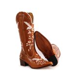 Bota Texana Feminina Country Couro Legítimo Mustang Pinhão Bordado Floral 
