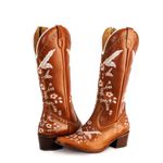 Bota Texana Feminina Country Couro Legítimo Mustang Pinhão Bordado Floral 