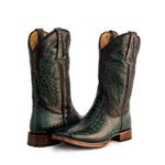 Bota Texana Masculina Bico Quadrado Couro Bovino Jacaré Envelhecido Verde e Floater Preto Com Solado Reto.