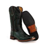 Bota Texana Masculina Bico Quadrado Couro Bovino Jacaré Envelhecido Verde e Floater Preto Com Solado Reto.