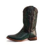 Bota Texana Masculina Bico Quadrado Couro Bovino Jacaré Envelhecido Verde e Floater Preto Com Solado Reto.