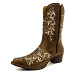 Bota Texana Feminina Cano Médio Couro Legítimo Mustang Café Bordado Laser 
