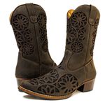 Bota Texana Feminina Cano Médio Couro Legítimo Mustang Café Bordado Laser Preto