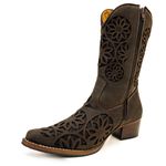 Bota Texana Feminina Cano Médio Couro Legítimo Mustang Café Bordado Laser Preto