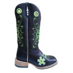 Bota Texana Masculina Cano Padrão Couro Legítimo Látego Preto Bordado Roseta Verde Solado Reto