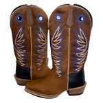 Bota Texana Masculina Couro Legítimo Crazy Horse Sela e Látego Preto Bordado Asa Salto Carrapeta 