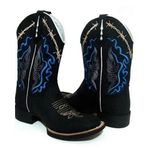 Bota Texana Masculina Cano Padrão Couro Legítimo Mustang Preto Bordado Arame Solado Borracha 