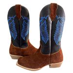 Bota Texana Masculina Couro Legítimo Invertido Sela e Látego Preto Bordado Asa Azul Salto Carrapeta 