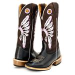 Bota Texana Masculina Couro Legítimo Mustang Café e Látego Preto Bordado Índio Salto Carrapeta 