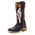 Bota Texana Masculina Couro Legítimo Mustang Café e Látego Preto Bordado Índio Salto Carrapeta 