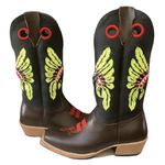 Bota Texana Masculina Couro Legítimo Látego Chocolate e Látego Preto Bordado Cocar Verde Solado Carrapeta 