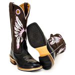 Bota Texana Masculina Couro Legítimo Mustang Café e Látego Preto Bordado Índio Salto Carrapeta 