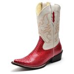 Bota Texana Masculina Bico Fino Couro Floater Marfim e Anaconda Vermelho