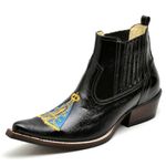 Bota Country Masculina Cano Curto Couro Legítimo Bovino Floater Preto Bordado Nossa Senhora