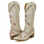 Bota Texana Feminina Country Couro Legítimo Off White Bordado Floral