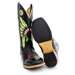 Bota Texana Masculina Couro Legítimo Bovino Látego Preto Bordado Cocar Verde Salto Carrapeta