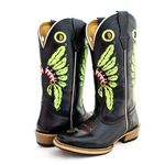 Bota Texana Masculina Couro Legítimo Bovino Látego Preto Bordado Cocar Verde Salto Carrapeta