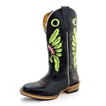 Bota Texana Masculina Couro Legítimo Bovino Látego Preto Bordado Cocar Verde Salto Carrapeta